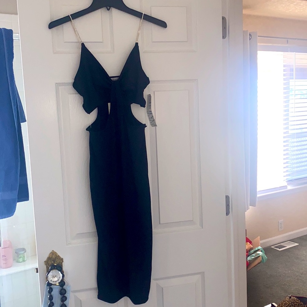 Rhinestone straps side cut out sexy dress